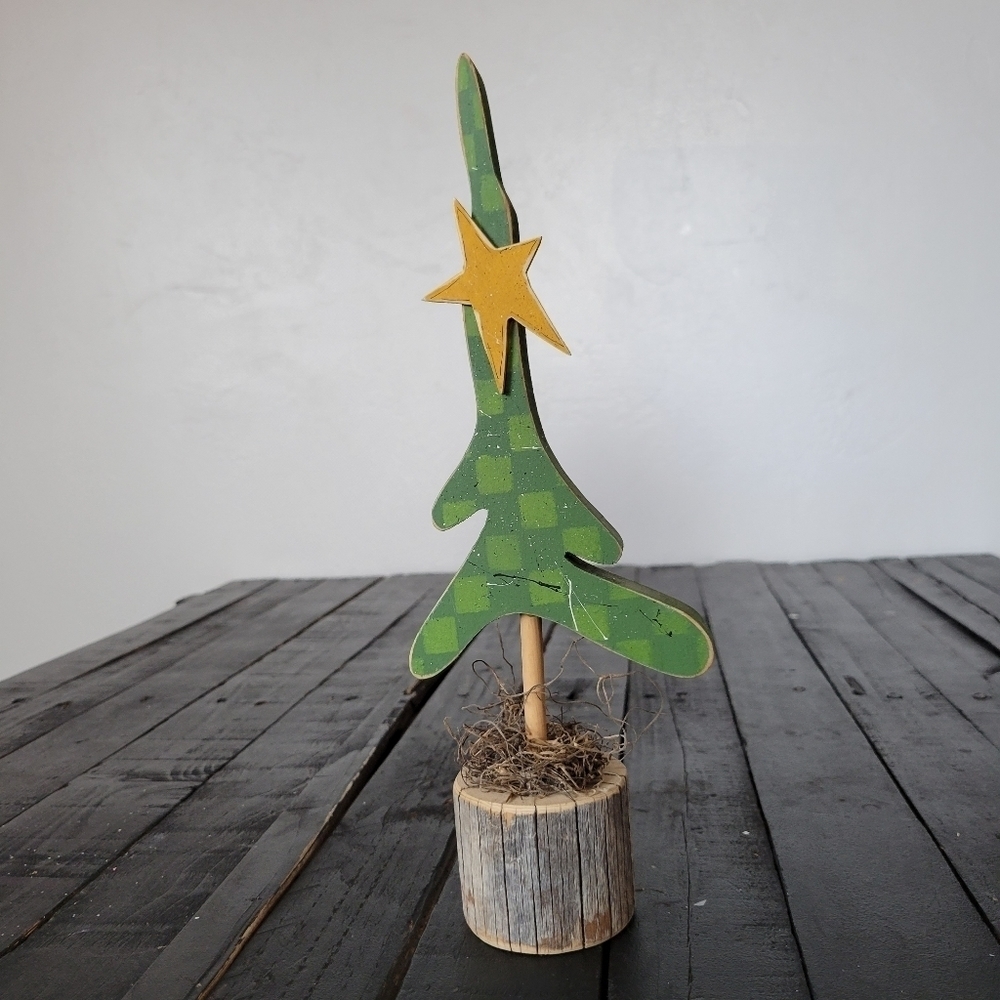 Carolyn Country Crafts Handmade Wood Christmas Tree on Stand Green Yellow Star